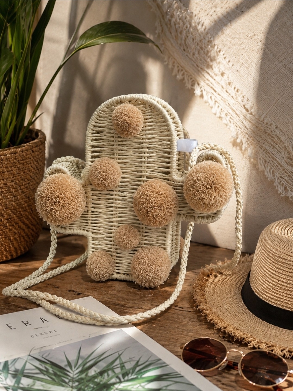 Savanna Anthropologie-Inspired Cactus Woven Crossbody Bag Pom Pom Boho Purse